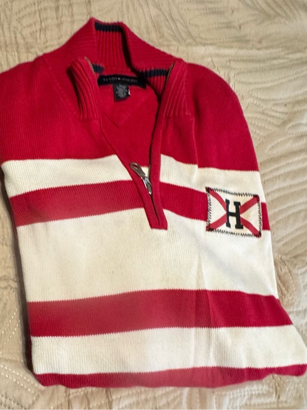 Tommy Hilfiger Men’s Red & White Striped Cowl Half-Zip Sweater XL